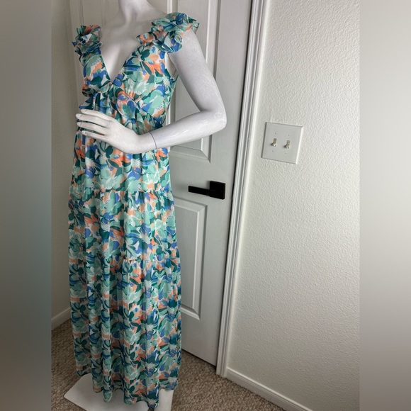 She + Sky Blue and Green Plunge Sundress   A39 - Picture 11 of 13